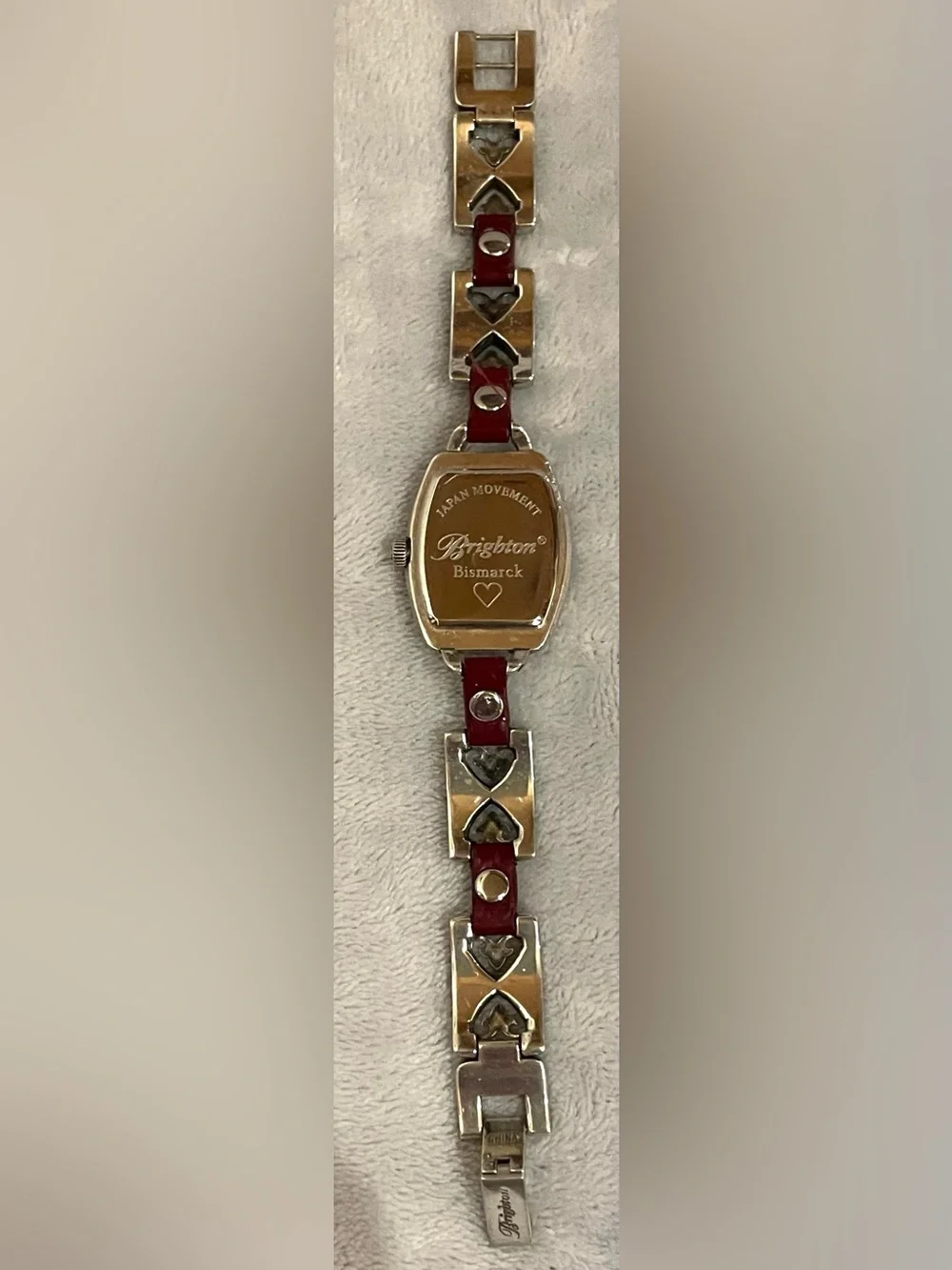 Brighton Womens Bismarck Watch Red Leather Silver Scroll Link 6.75” New Battery